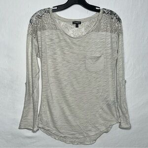 EXPRESS Women's White Lace Shoulder Top Long Roll Tab Sleeve Pocket XS